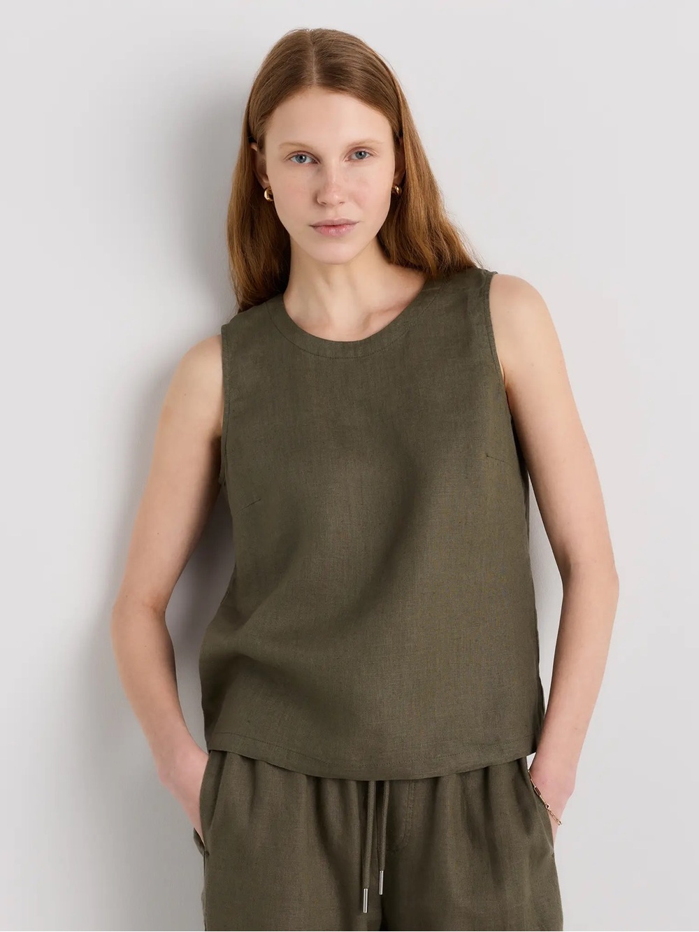 Quince 100% European Flax Linen Sleeveless Tank Top Olive Sage Green Sz. Small